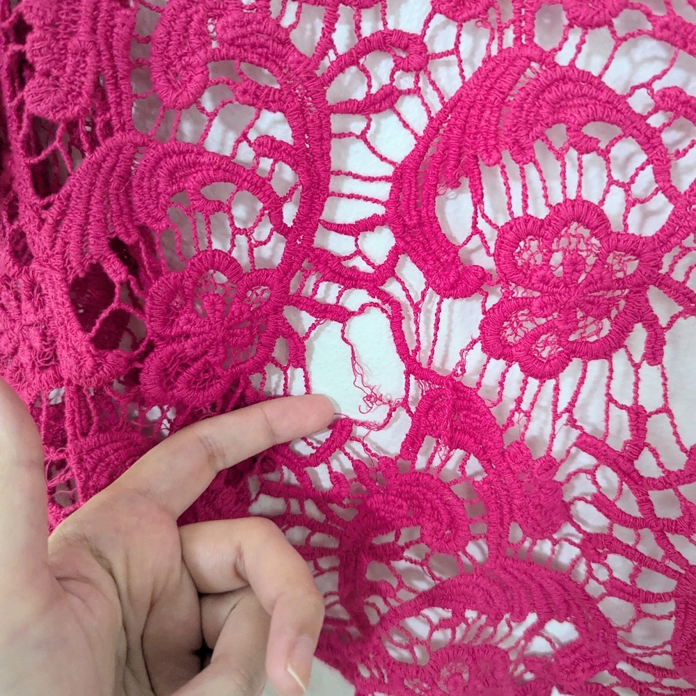 Vintage Y2K Open Crochet Short Sleeve Top Open Front Scalloped Knit Pink XL - Picture 6 of 7